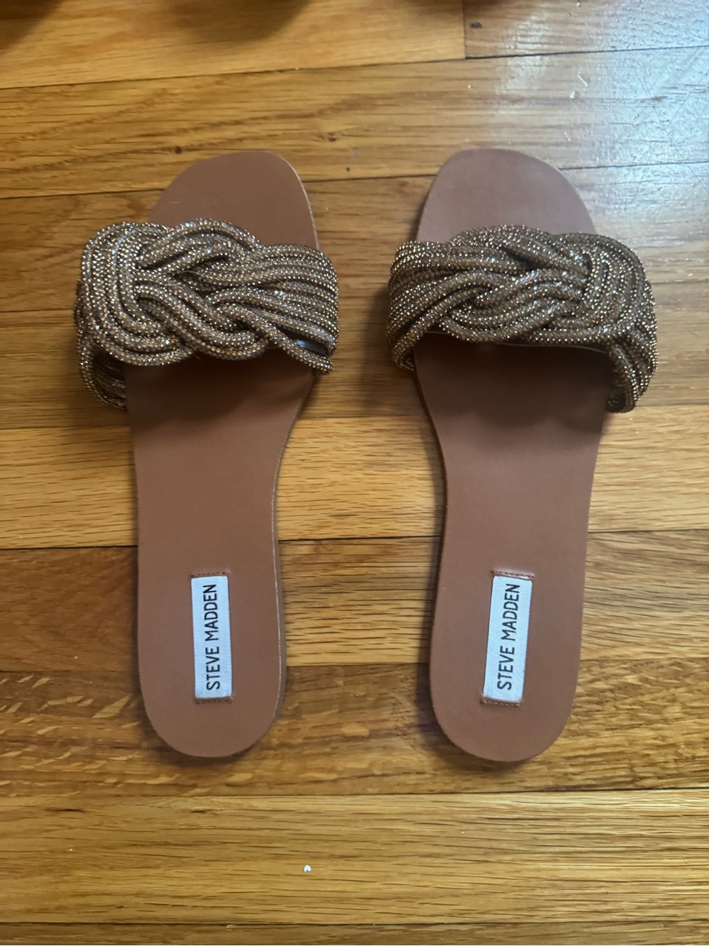 Steve Madden Braided Metallic Slide Sandals in Gold and Tan
